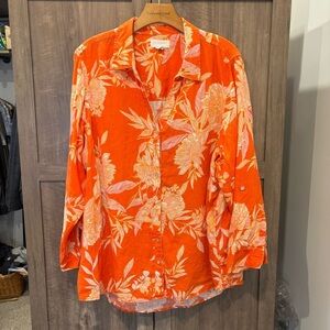 Cynthia Rowley 2X Linen Orange Floral Button Down Shirt Long Sleeve